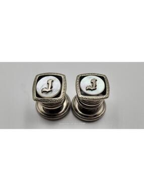 Pair of Vintage Silver Tone, MOP & Enamel CUFFLINKS with letter "J"